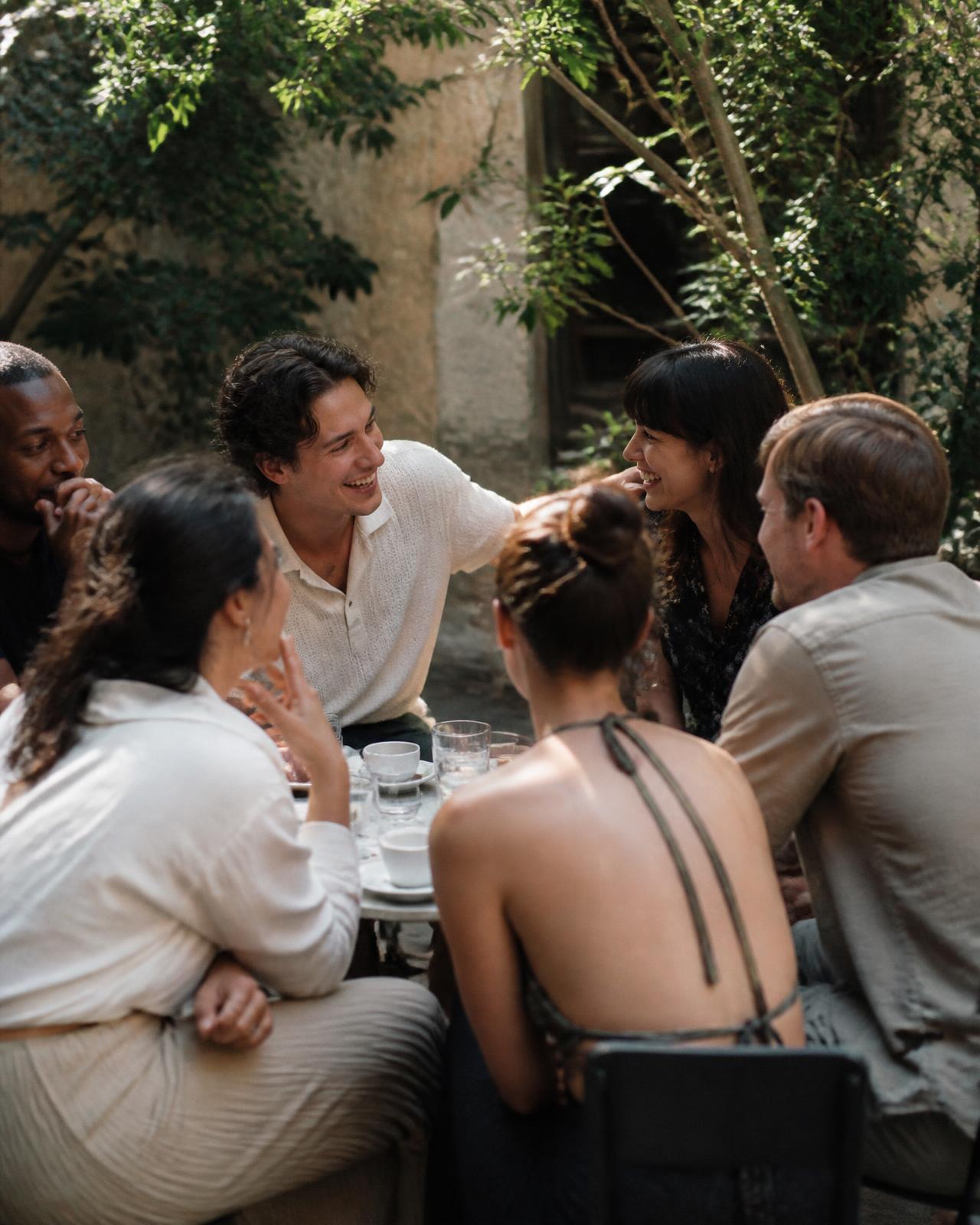 Six adults sitting close together around a small courtyard table in afternoon light, talking and laughing