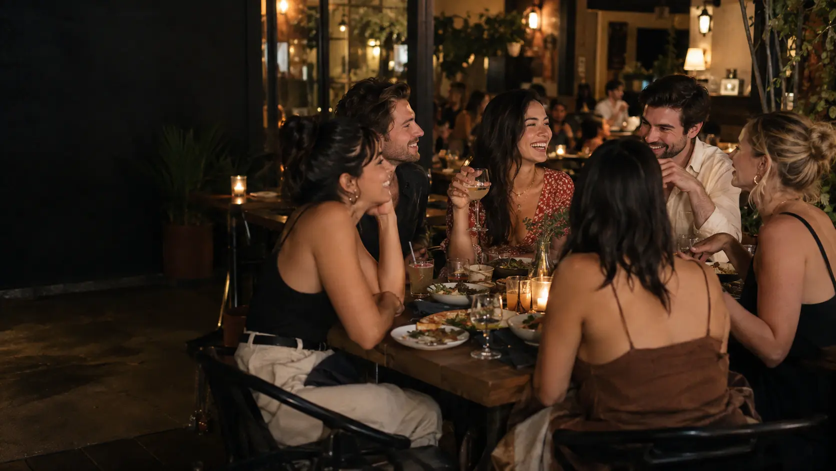 Friends laughing together at a candlelit dinner table